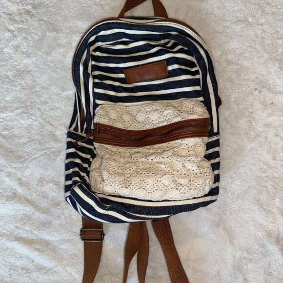 American Eagle Striped Backpack Navy White Brown Lace - Picture 7 of 10